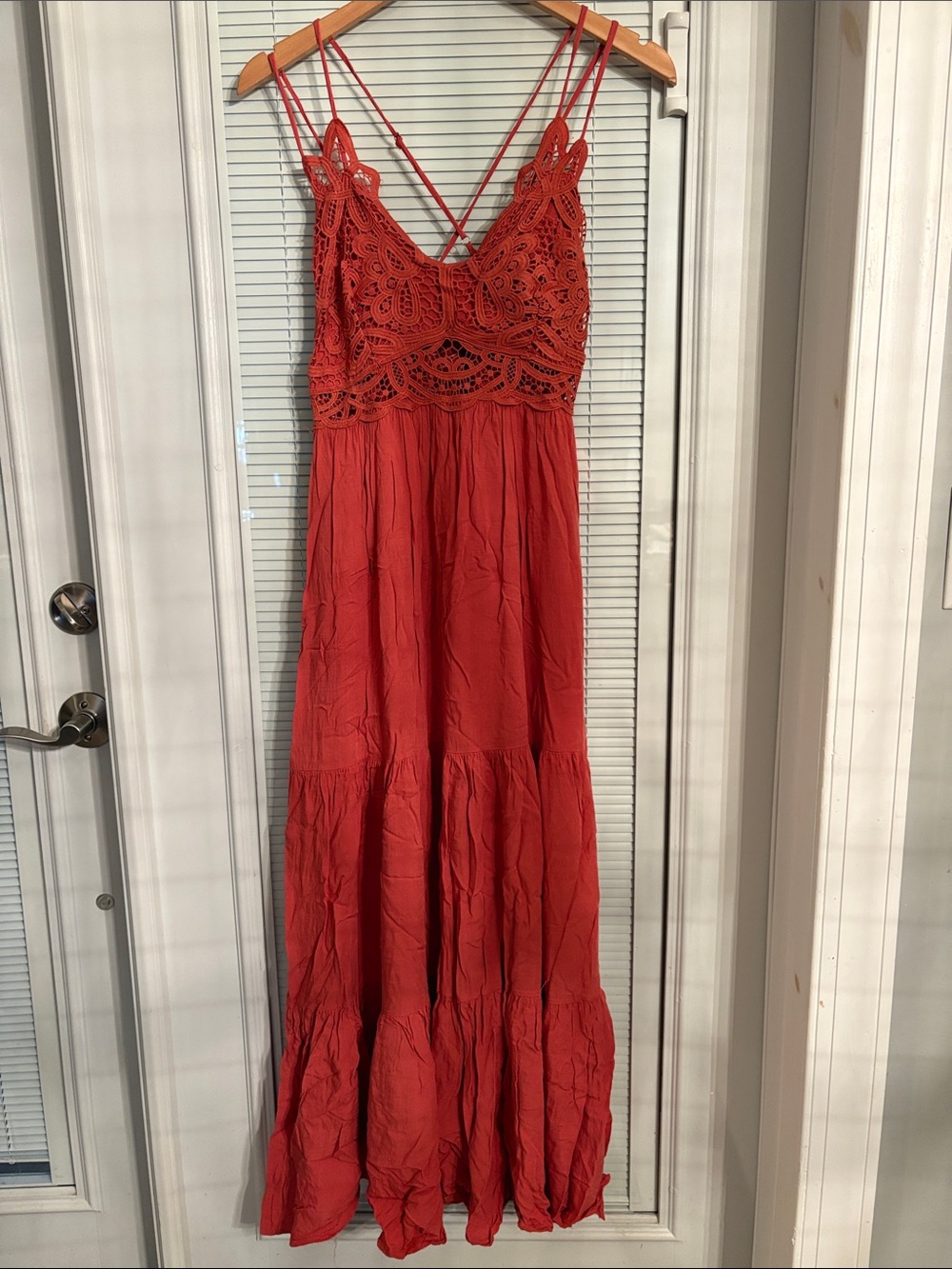 Main Strip Red Crochet Strap Maxi Dress
